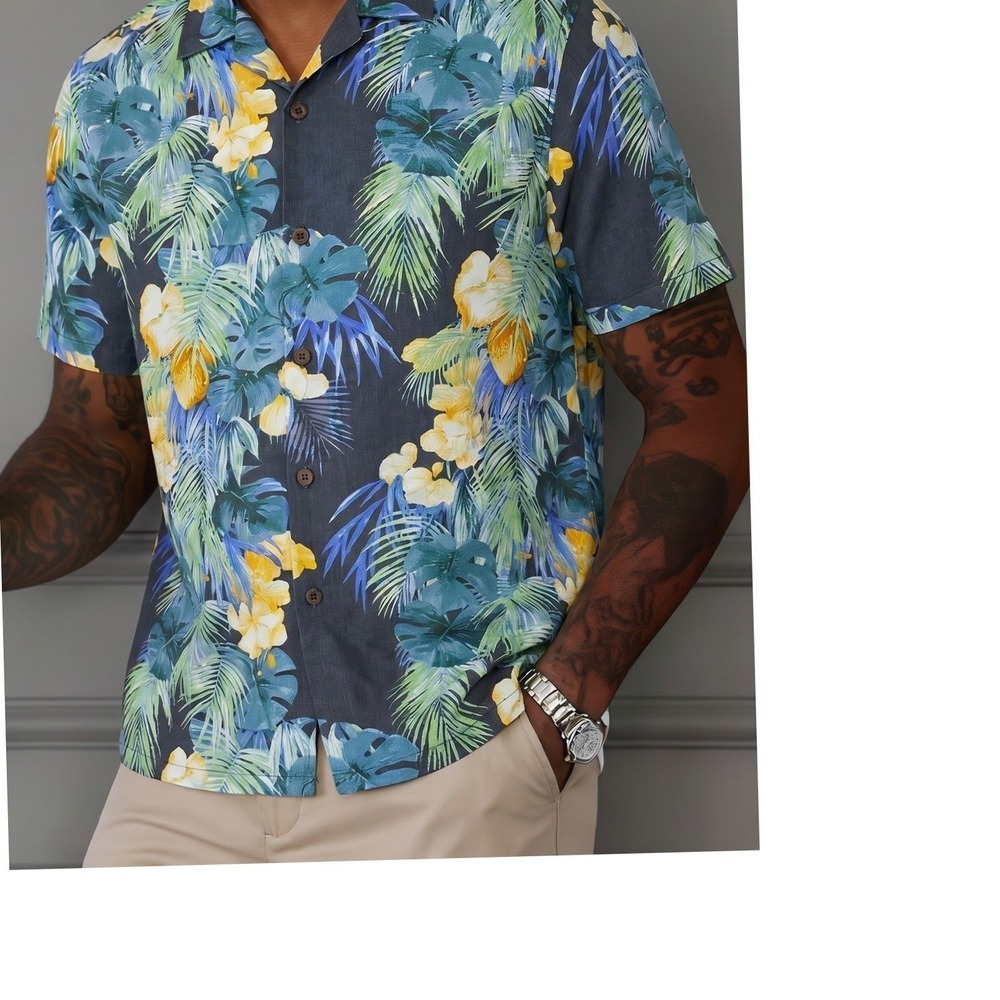 Tommy Bahama Original Fit 100% Silk Tropical Floral Shirt Medium Black Blue